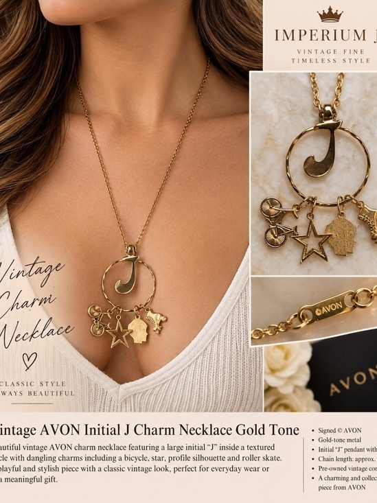 Avon Jewelry - Avon Gold Tone Initial J Charm Necklace with Dangling Charms
